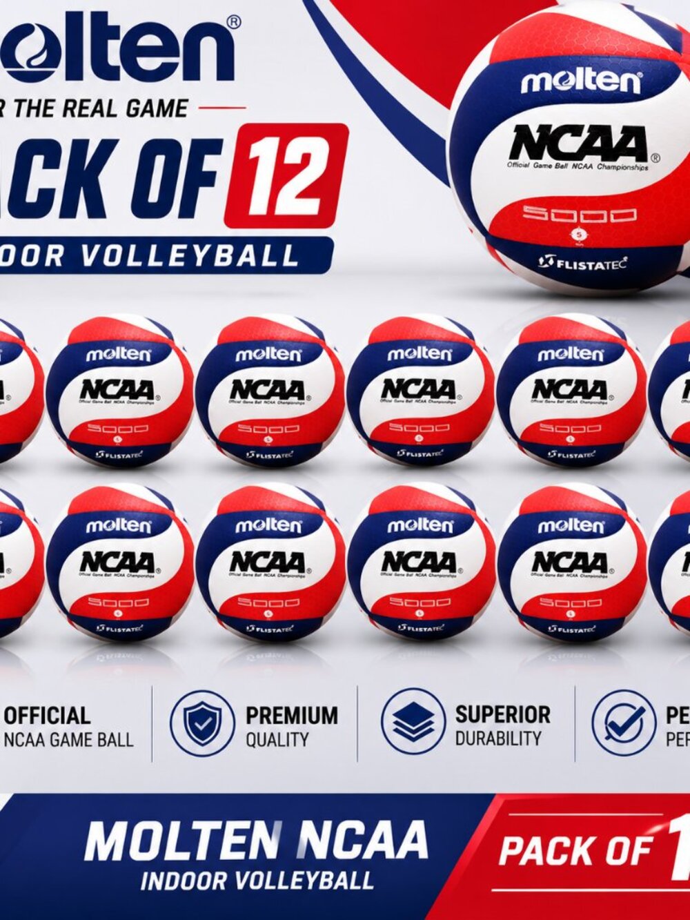 Molten V5M5000-3N Flistatec NCAA Volleyball Red/White/Blue packof 12